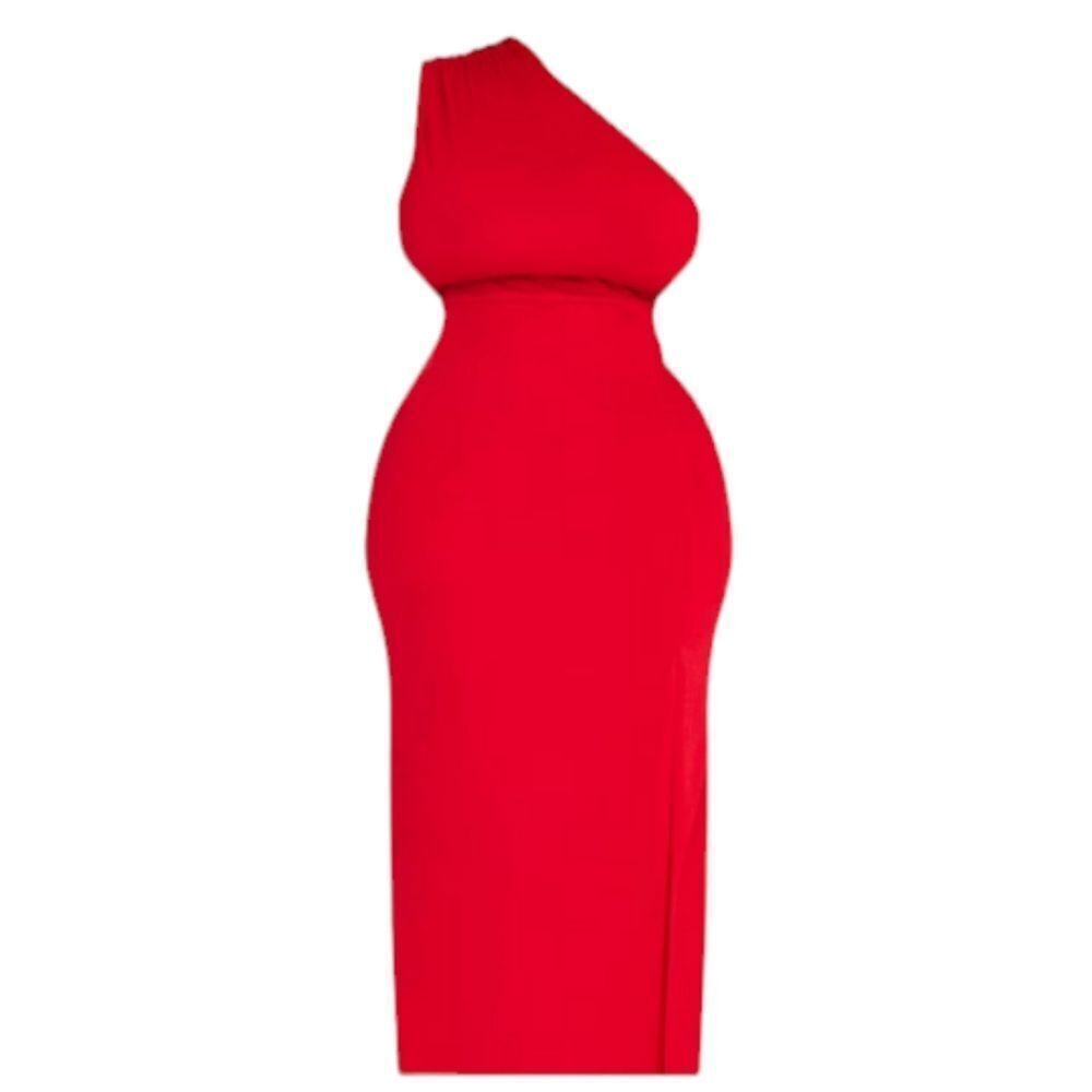 NWT Prettylittlething Plus  Lipstick Red One Shoulder Side Split Maxi Dr… - Picture 2 of 5